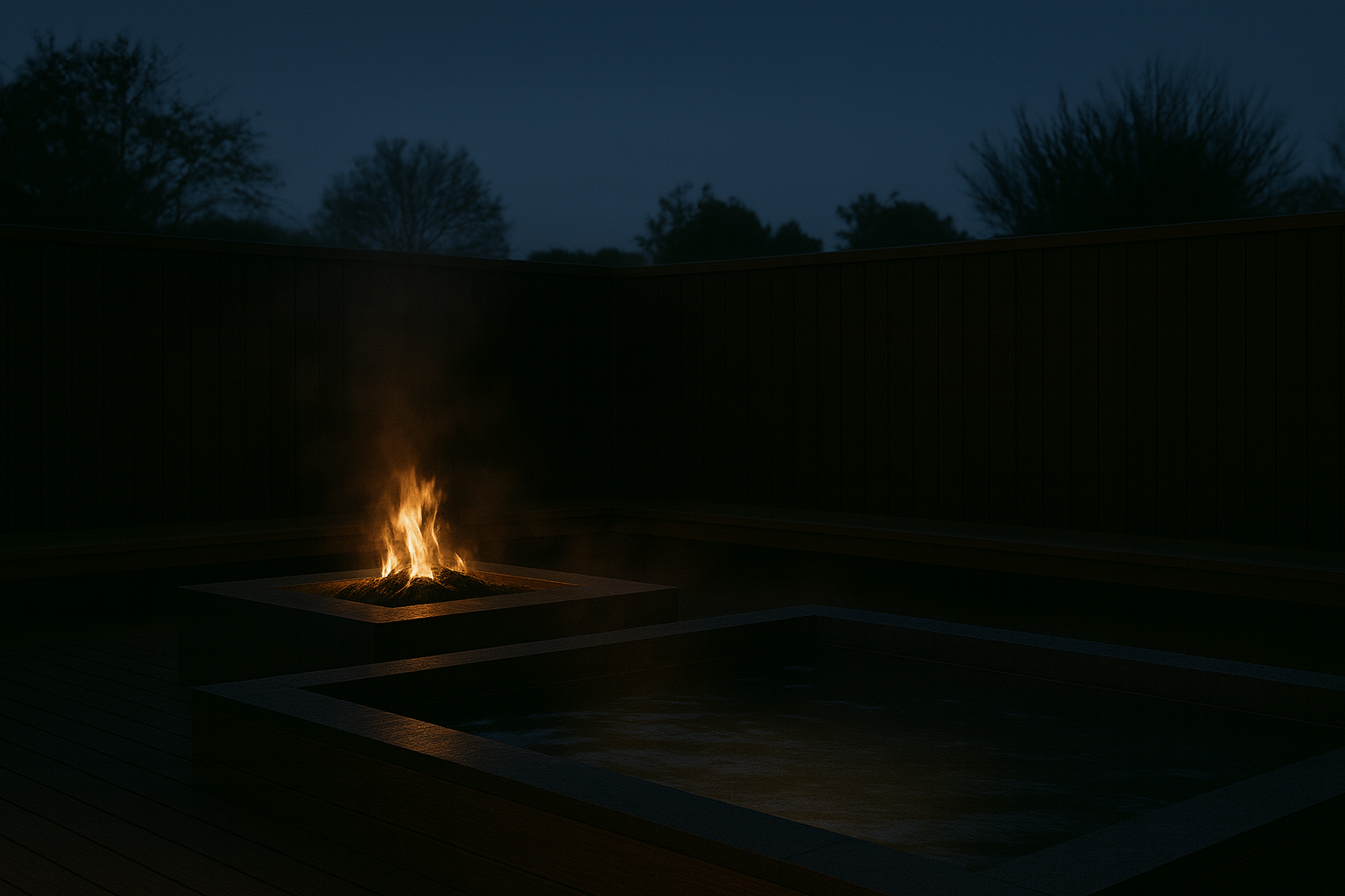 Outdoor deck with warm water and fire